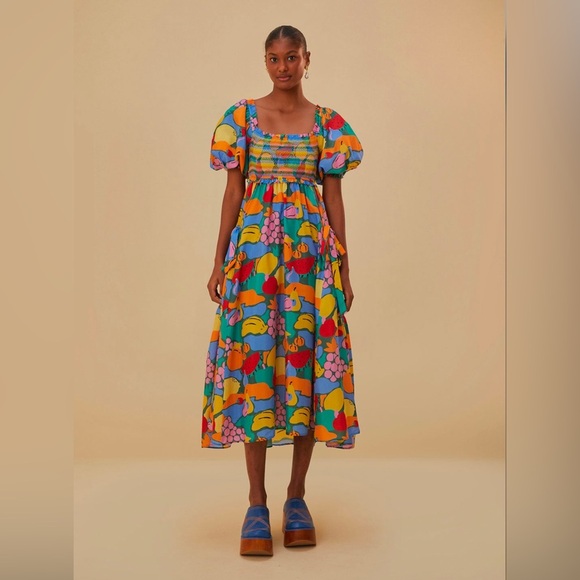 Farm Rio Multicolor Fruit Landscape Short Sleeve Midi Dress